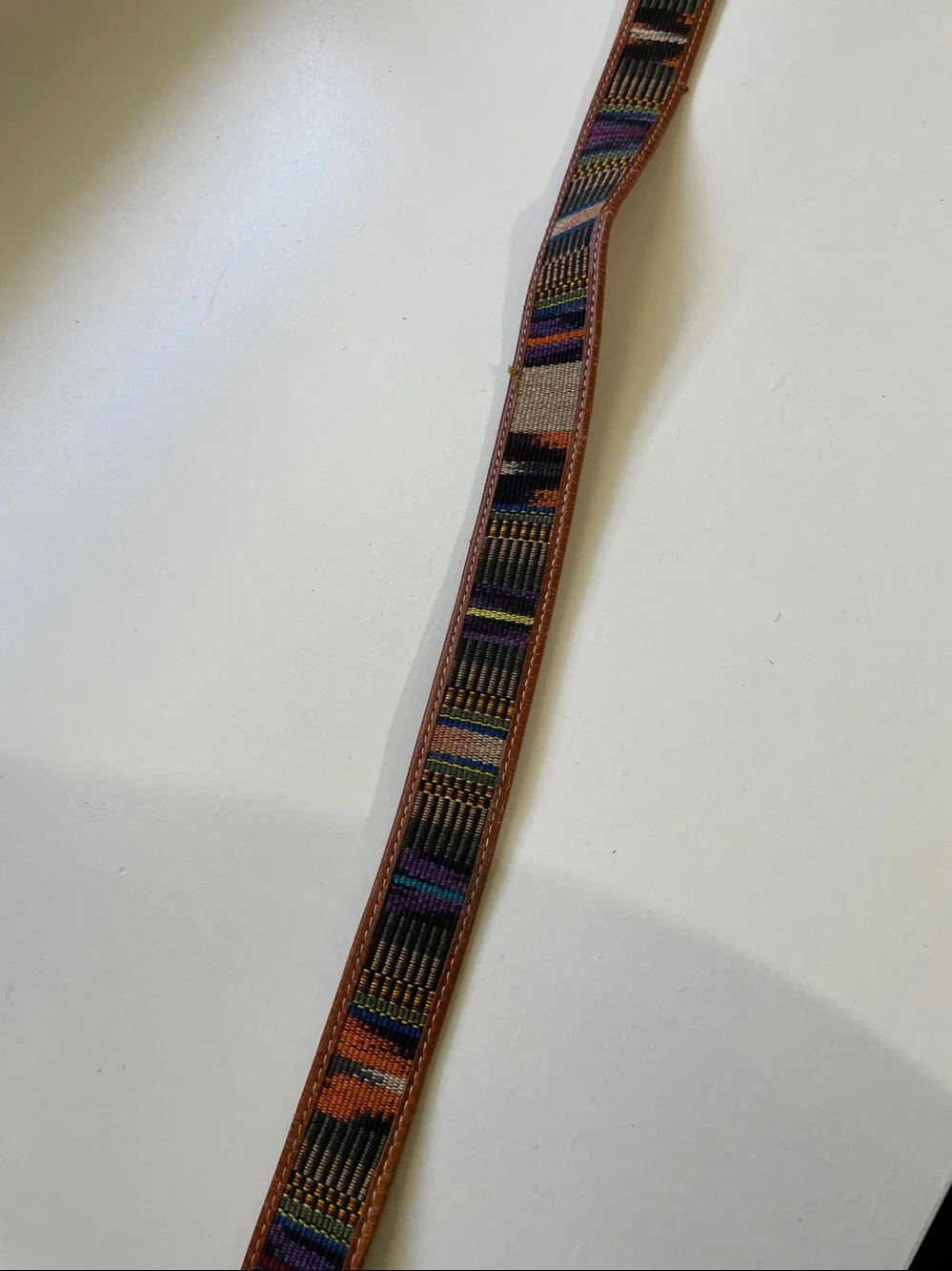 Boho Western Woven Tapestry Leather Belt Multicolor Brown Covered Buckle Sz 38